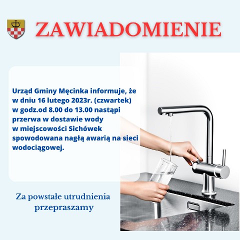 Przerwa w dostawie wody 16.02, Sichów od godz. 8.00 do godz.13.00