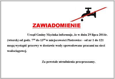 Zawiadomienie o braku wody