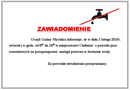 Przerwa w dostawie wody - 3 lutego 2015 od godz. 8.00 do 16.00