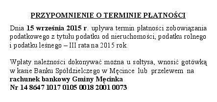 PRZYPOMNIENIE O TERMINIE PŁATNOŚCI - III Rata 2015