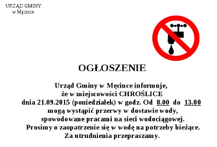 Ogłoszenie - przerwy w dostawie wody, Chroślice