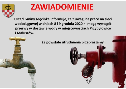 zawiadomienie brak wody zmiana terminu Męcinka 8-9 grudnia