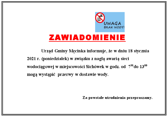 zawiadomienie 18styczeń brak wody