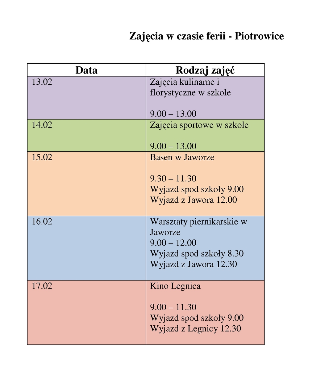 Zajęcia w czasie ferii Piotrowicex